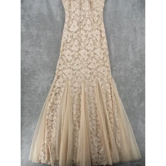 Xscape Dress Womens 4 Sheer Floral Lace Trumpet Gown Feminine Wedding Lined Tan - Picture 3 of 14